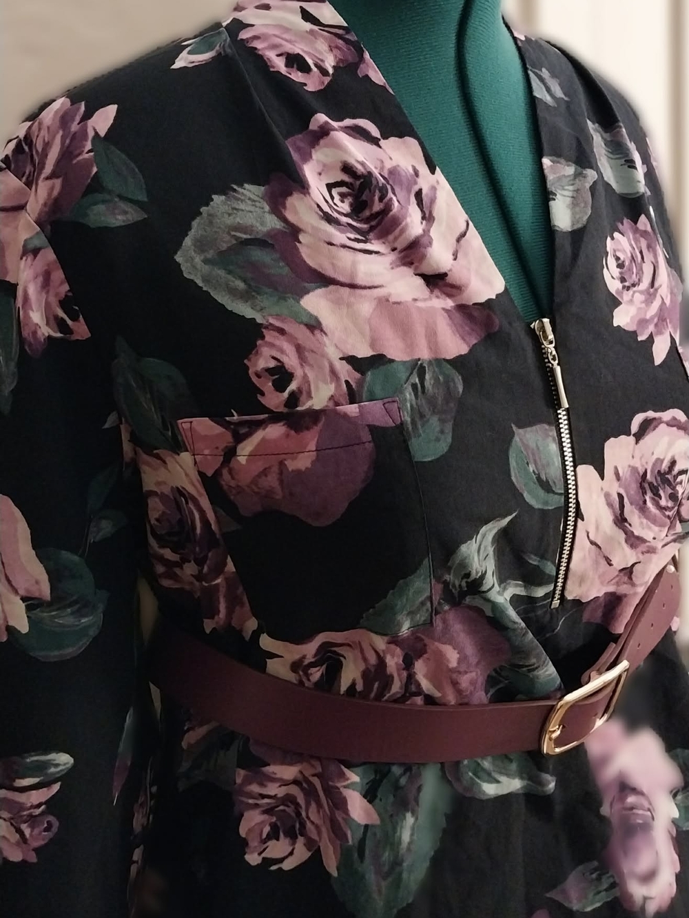 Jaclyn Smith Black Floral Zip-Front Blouse with Pink & Green Roses - Picture 2 of 2
